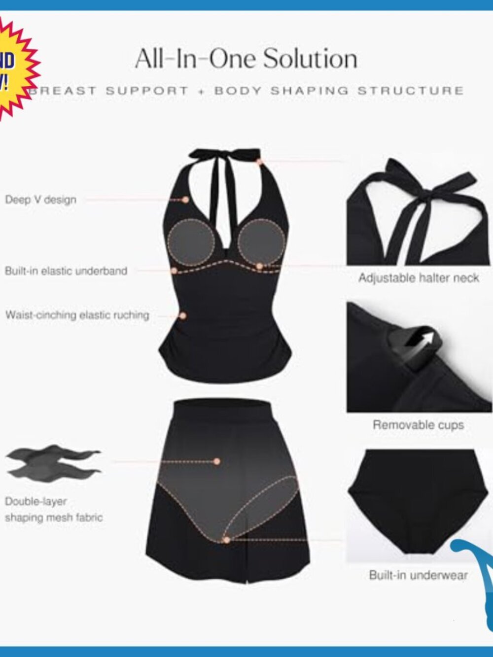 Tummy Control Tankini Swimwear with Skirt, Halter Top, Shapewear - Picture 3 of 7